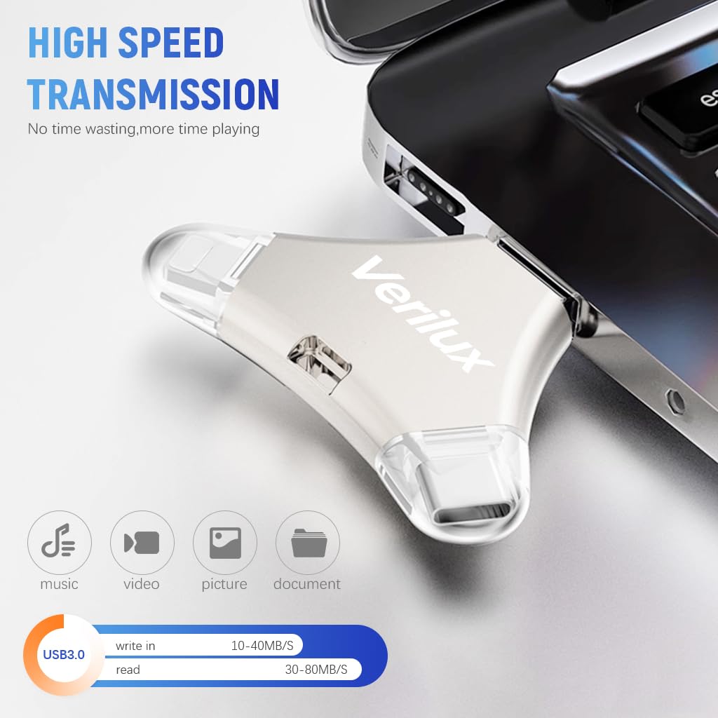 Verilux Pendrive 64GB 4 in 1 Flash Drive with Light-ning, Micro USB, USB A, Type-C Interface Mini Hangable PenDrive for iOS & Android Verilux Pendrive 64GB 4 in 1 Flash Drive with Light-ning, Micro USB, USB A, Type-C Interface Mini Hangable PenDrive for iOS & Android